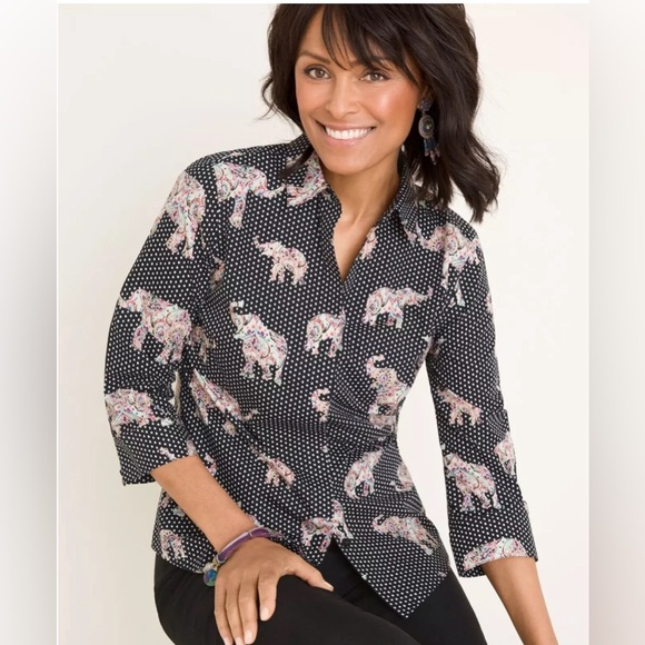 Chico's Size 1 Black Polka Dot Elephants Button Up Shirt No Iron Stain Sheild - Picture 1 of 14